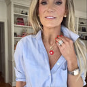 "MEEGHAN'S MEDALLION NECKLACE" Red Enamel Medallion with Diamond Lobster Clasp on Gold Paperclip Chain