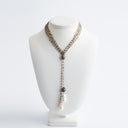 Double Moonstone & Gold Chain with 2 Hanging Baroque Pearls and Diamond Bead. Can be worn long or as a lariat