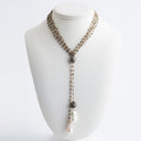 Double Moonstone & Gold Chain with 2 Hanging Baroque Pearls and Diamond Bead. Can be worn long or as a lariat