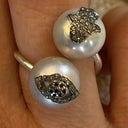 Double Pearl Ring with Diamond Hamsa and Evil Eye