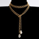 Gold Rolo Chain Lariat with 2 hanging Baroque Pearls