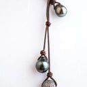 Half Braided Leather with 2 Tahitian Pearls and Pave Diamond Ball