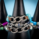 Pave Diamond Links with Turquoise Beads on Tan Leather Cord