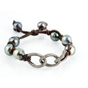 Tahitian Pearls and Diamond Links on Brown Leather Cord