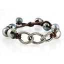 Tahitian Pearls and Diamond Links on Brown Leather Cord