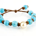 Turquoise and Yellow South Sea Pearl on Tan Leather