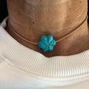 Turquoise Flower Choker on Tan Leather. Pearl Button Closure