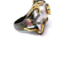 Two Tone Silver and Gold Baroque Pearl Ring with Gemstones